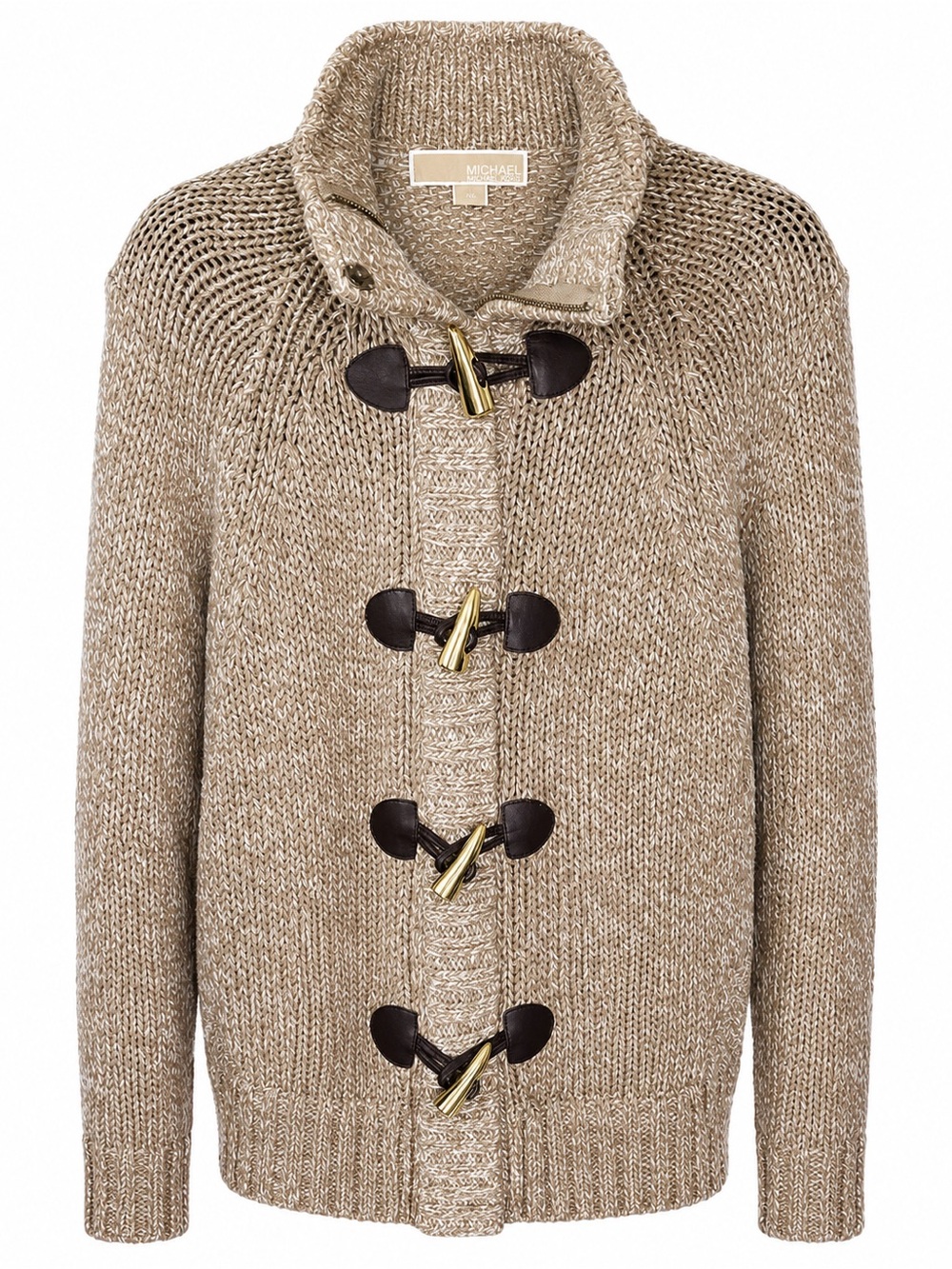Michael Kors Beige Toggle Knit Cardigan with Dark Leather & Gold Accents